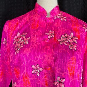 Vintage 60s Bark Cloth Day Glo Psychedelic Floral Mandarin Collar Shirt Hawaiian